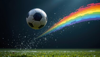 Fototapeta premium A captivating image of a soccer ball caught in mid flight, leaving a trail of rainbow colors against a dark backdrop.