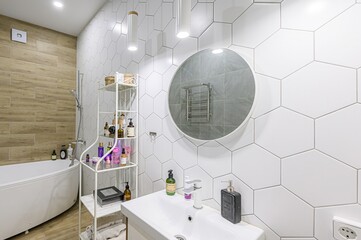interior apartment room bathroom, sink, decorative elements, toilet