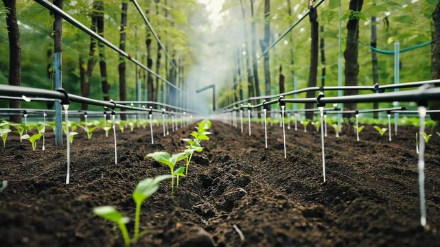 Young seedlings get watered by drip irrigation system with water dripping into the soil in a row farm in the forest.