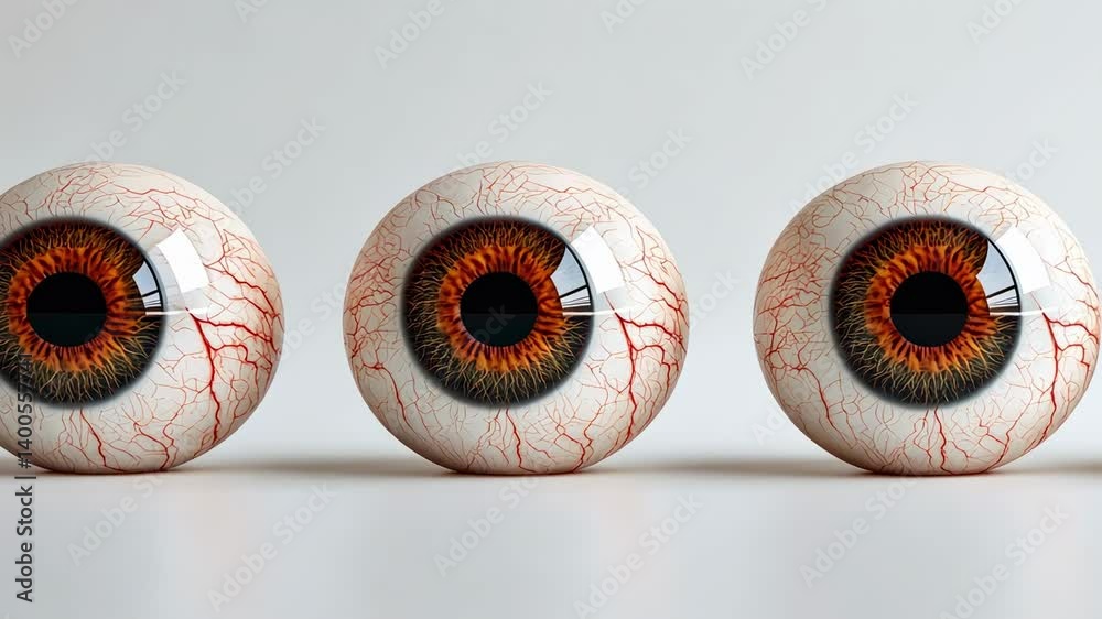 Poster three realistic eyeballs with prominent red veins and brown irises are displayed on a clean white su