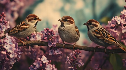 Three sparrows perched on a branch laden with lilac blossoms.