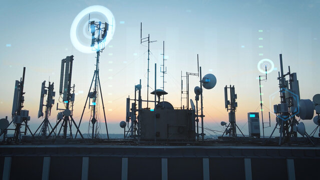 Skyscraper overloaded with antennas emitting visible electromagnetic radiation, symbolizing urban health risks