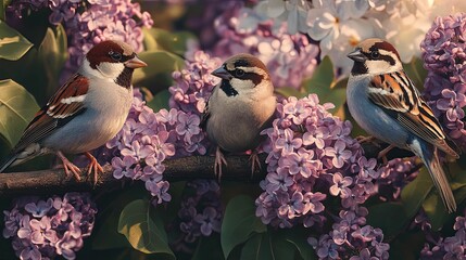 Three sparrows perched amidst a profusion of lilac blossoms.