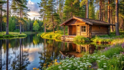 Rustic log cabin with sauna in a serene spring forest setting near a peaceful lake surrounded by lush greenery and vibrant wildflowers, Finland, sauna, forest landscape