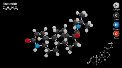 Finasteride molecule. Molecular structure. Formula: C23H36N2O2. Chemical model: Ball and stick. Black background. 3D illustration.
