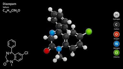 Diazepam molecule. Molecular structure. Formula: C16H13ClN2O. Chemical model: Ball and stick. Black background. 3D illustration.