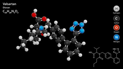 Valsartan molecule. Molecular structure. Formula: C24H29N5O3. Chemical model: Ball and stick. Black background. 3D illustration.