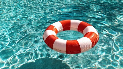 Naklejka premium Colorful Striped Red and White Swimming Pool Ring Float in Serene Blue Water During Summer Generative AI