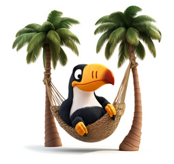 Cheerful cartoon toucan relaxing in hammock between palm trees. Concept of tropical vacation, leisure lifestyle, and exotic tourism promotion