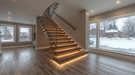Obraz premium Modern Interior Design: Illuminated Staircase with Winter View