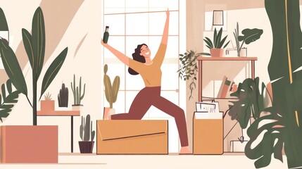 Celebrating Moving in Woman with Wine Boxes and Potted Plants Indoors