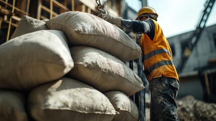 Fototapeta premium Construction worker lifting heavy bags of cement for construction. Featuring strength and efficiency