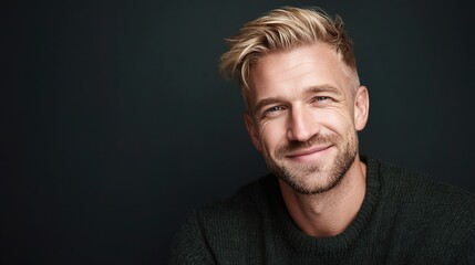 Fototapeta premium Confident Blond Man Smiling in Studio Headshot with Dark Background