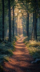 Obraz premium Forest path with tall trees and sunlight filtering through the leaves.