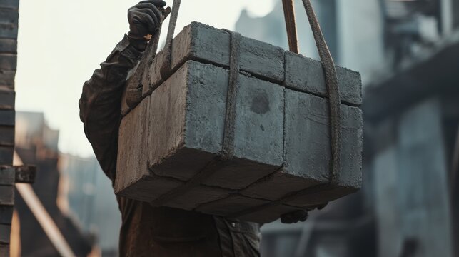 Construction worker lifting heavy concrete blocks into position. Featuring strength and teamwork
