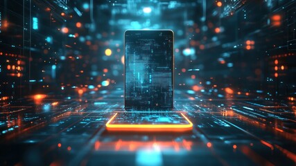 Futuristic digital phone with glowing circuit patterns and data stream backdrop.