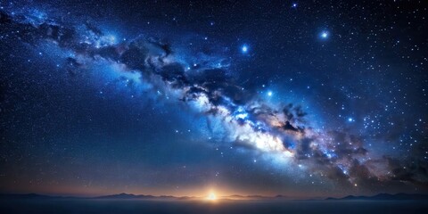 Fototapeta premium A dense cluster of stars twinkling in a dark blue night sky with the Milky Way visible as a faint glow on the horizon, surrounded by a halo of soft light , night sky, darkness