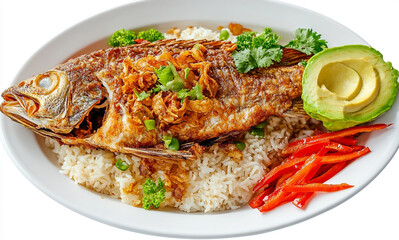 Fried Fish with Rice, Avocado & Peppers: Tropical Seafood Meal
