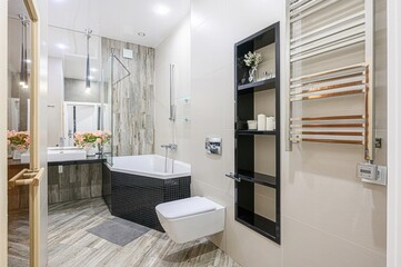 modern bathroom with a sauna, featuring sleek design elements like wood-look tiles, a minimalist...