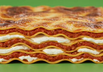 Close Up of a Delicious Layered Lasagna with Red Sauce and Ricotta Cheese on a Green Background