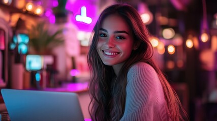 Smiling woman works on her laptop with neon lights reflecting in the background.
