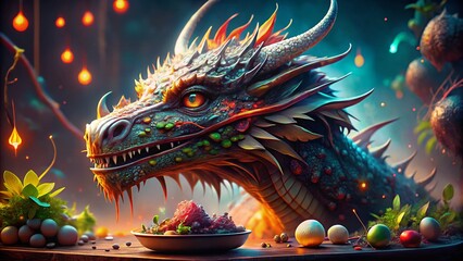 Fototapeta premium Digital Dragon Head Food Photography: Fantasy AI Generative Art