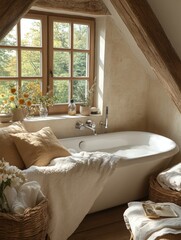 Bathtub near a window in a rustic bathroom with exposed beams.