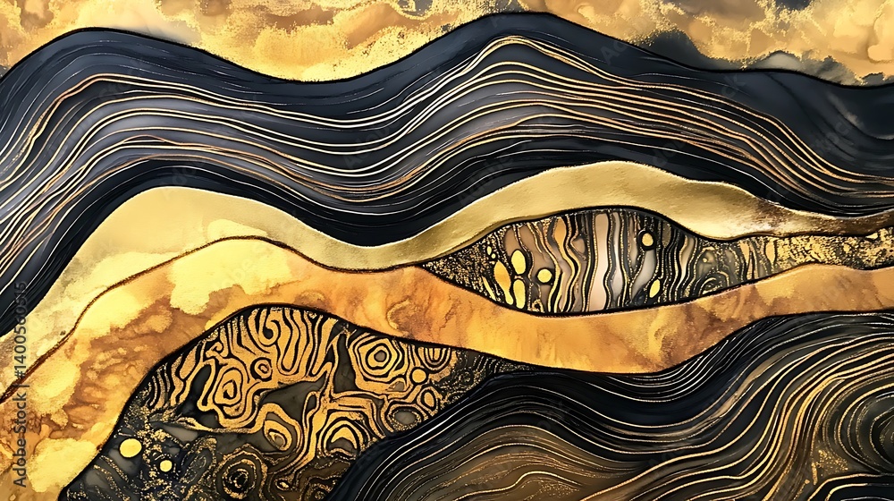 Poster abstract composition featuring smooth flowing lines in shades of black and gold, creating a luxuriou