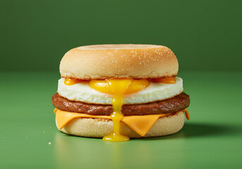 Close Up of a Savory Breakfast Sandwich with Melted Cheese and Runny Egg Yolk on a Green Background