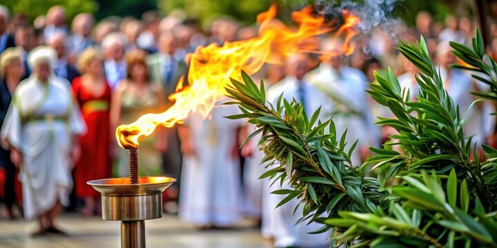 Traditional ceremony with a torch being lit by a pyrometer in front of an audience, surrounded by olive branches and laurel wreaths, ceremony, audience
