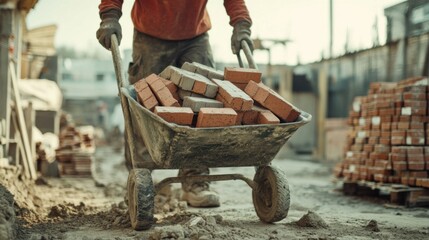 Construction worker loading bricks onto a wheelbarrow. Featuring efficiency and teamwork