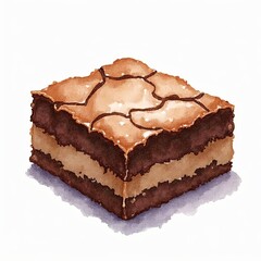 Stylized watercolor illustration of a delicious chocolate brownie square with crackled top, isolated on white.