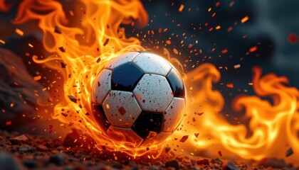 Naklejka premium A captivating composition where a football bursts through a fiery backdrop of flames and sparks.