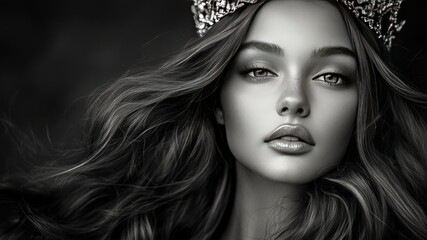 Fototapeta premium Monochrome portrait of a woman wearing a crown with flowing hair.
