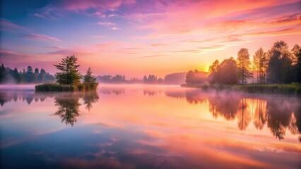 Obraz premium Misty pink sunrise casting a tranquil glow over a serene lake