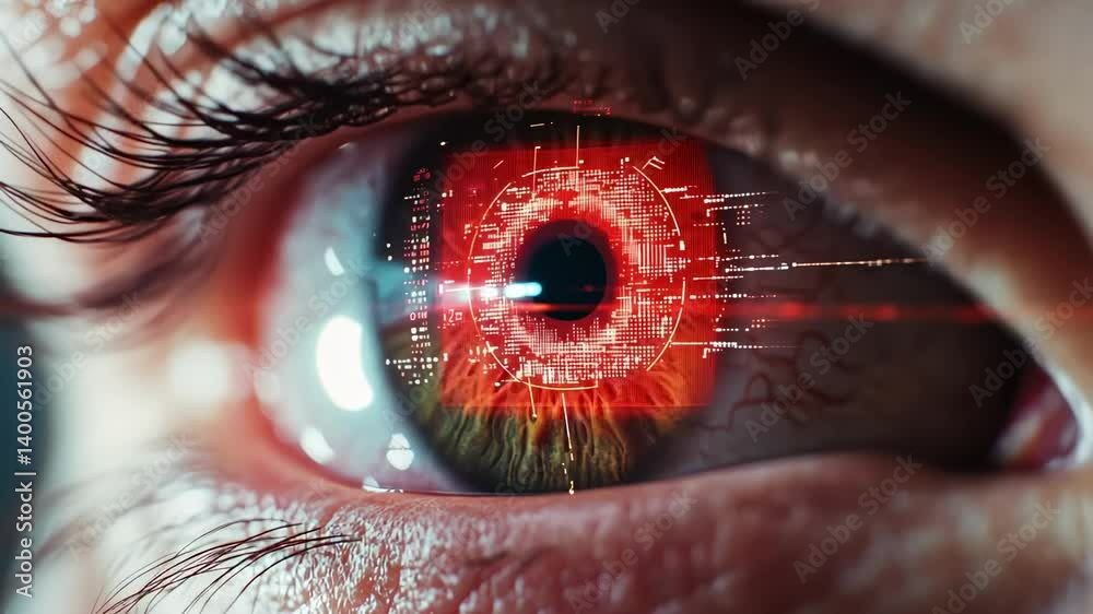 Poster close up of an eye undergoing biometric scanning, with a futuristic digital display overlaying the i