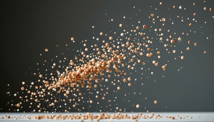 A series of randomly scattered particles suspended in a void, forming a dynamic and ephemeral arrangement with a sense of randomness.