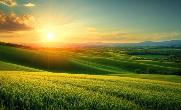 serene landscape rolling green fields sunset rural countryside