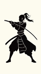 Dynamic Silhouette of Lady Samurai in Battle Stance, Minimalist Vector Art Concept