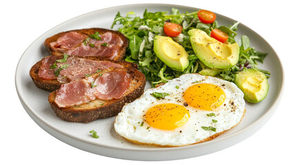 Delicious breakfast plate with eggs, ham, and fresh salad  