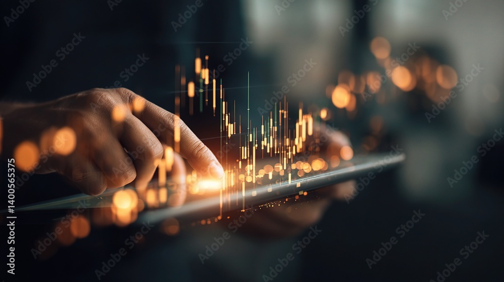 Poster double exposure of hands using tablet with data visualization elements