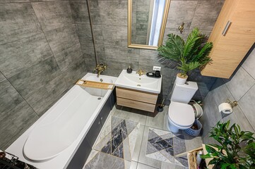 interior apartment room bathroom, sink, decorative elements, toilet