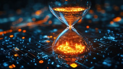 Abstract hourglass with digital circuits and glowing elements on a dark base.