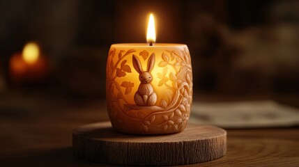 Burning Easter Candle with Rabbit Design on Wooden Surface Indoors