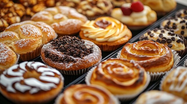 Delicious assortment of artisanal pastries and sweets displayed in a bakery setting