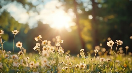 Obraz premium Sunlight Filters Through Trees on a Blooming Meadow Filled With Beautiful Wildflowers