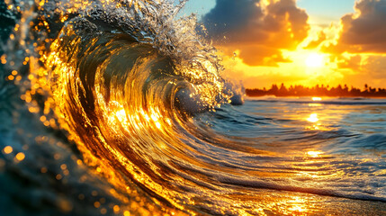 Golden Wave Breaks at Sunrise on a Tropical Shore with Cloudy Orange Sky Reflecting the Sun Light