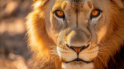 Majestic lion staring intensely into the camera with captivating, amber eyes