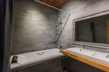 interior apartment room bathroom, sink, decorative elements, toilet