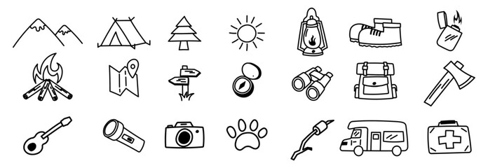 camping icon bundle doodle hiking wild nature hand drawing mountain camp fire